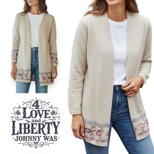 Johnny Was neutral beige open front cardigan with pink mauve floral embroidery M